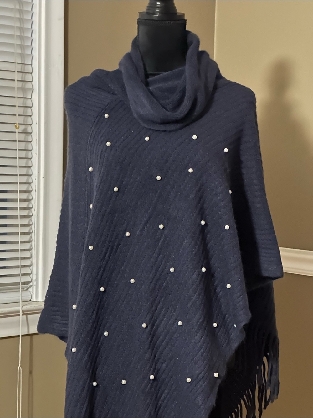 kathy ireland Navy Pearl-Embellished Cowl Neck Poncho Sweater